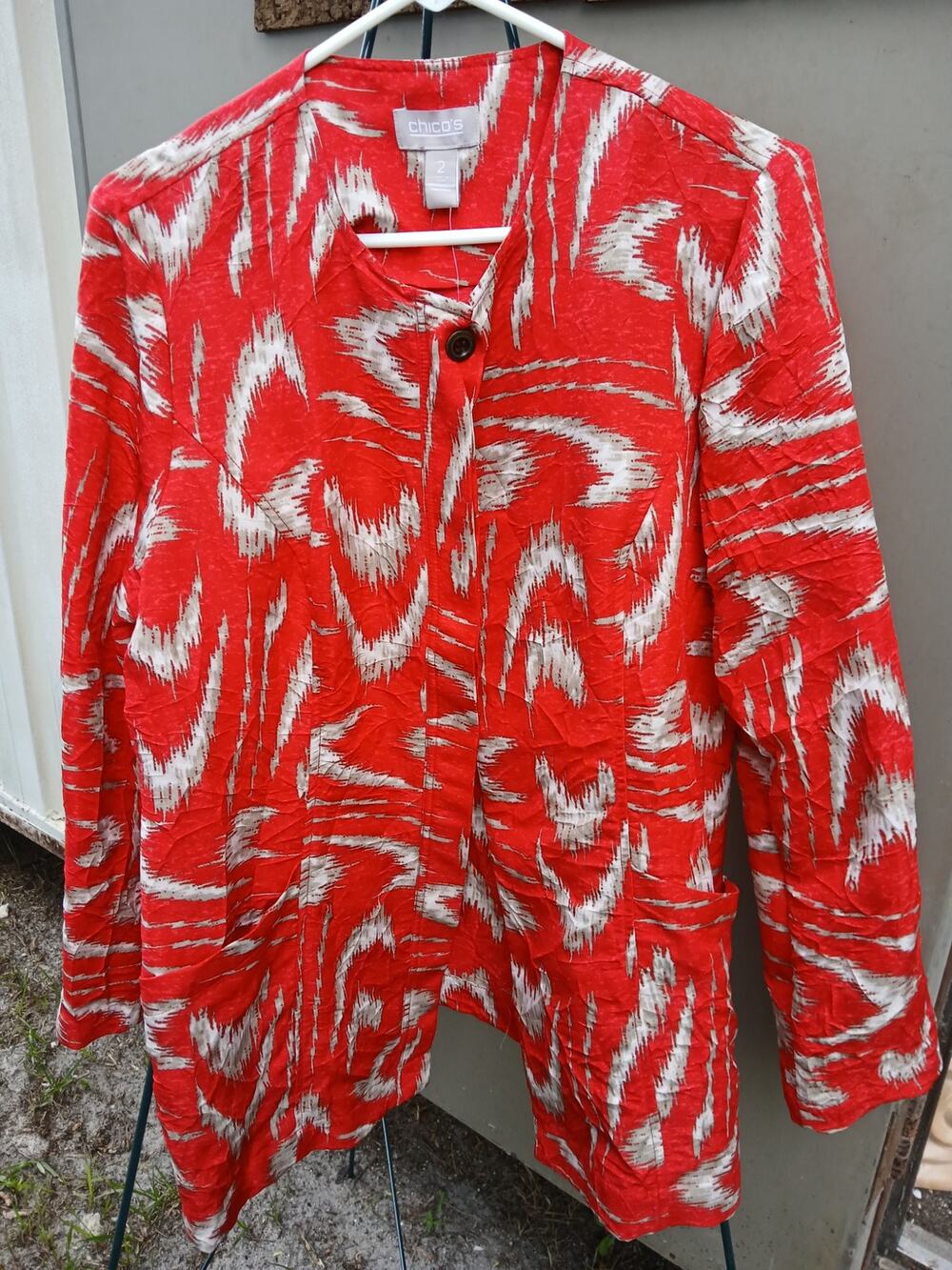 New Chico's Outlet Red Gray Print 2 Jacket Topper Long Sleeve Modern Large Fall